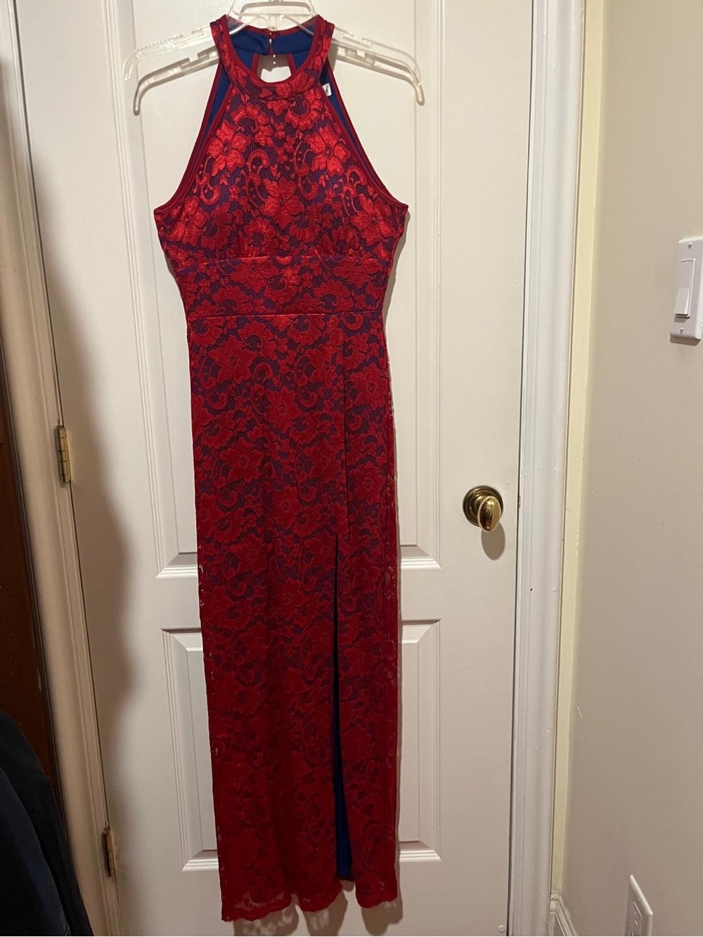 Emerald Sundae Red Lace Halter-Style Maxi Dress with Navy Lining